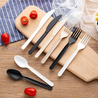 LULA 3 in 1 Cornstarch Compostable Non Plastic OEM 7 Inch Black PLA Spoon Fork Knife Low MOQ Cutlery Set